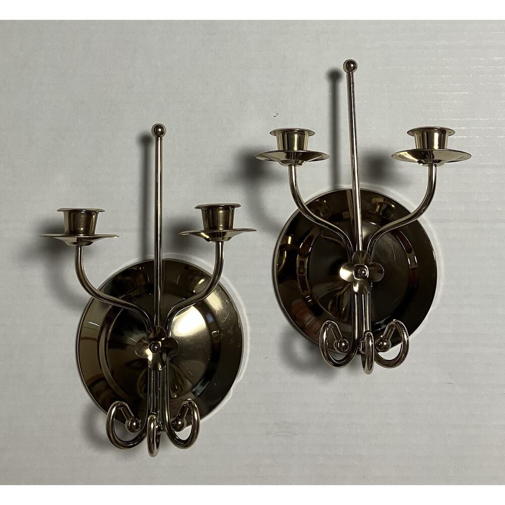 MCM Wall Mounted Brass Candlestick Holders Curved Arms for 2 Candles Set of 2